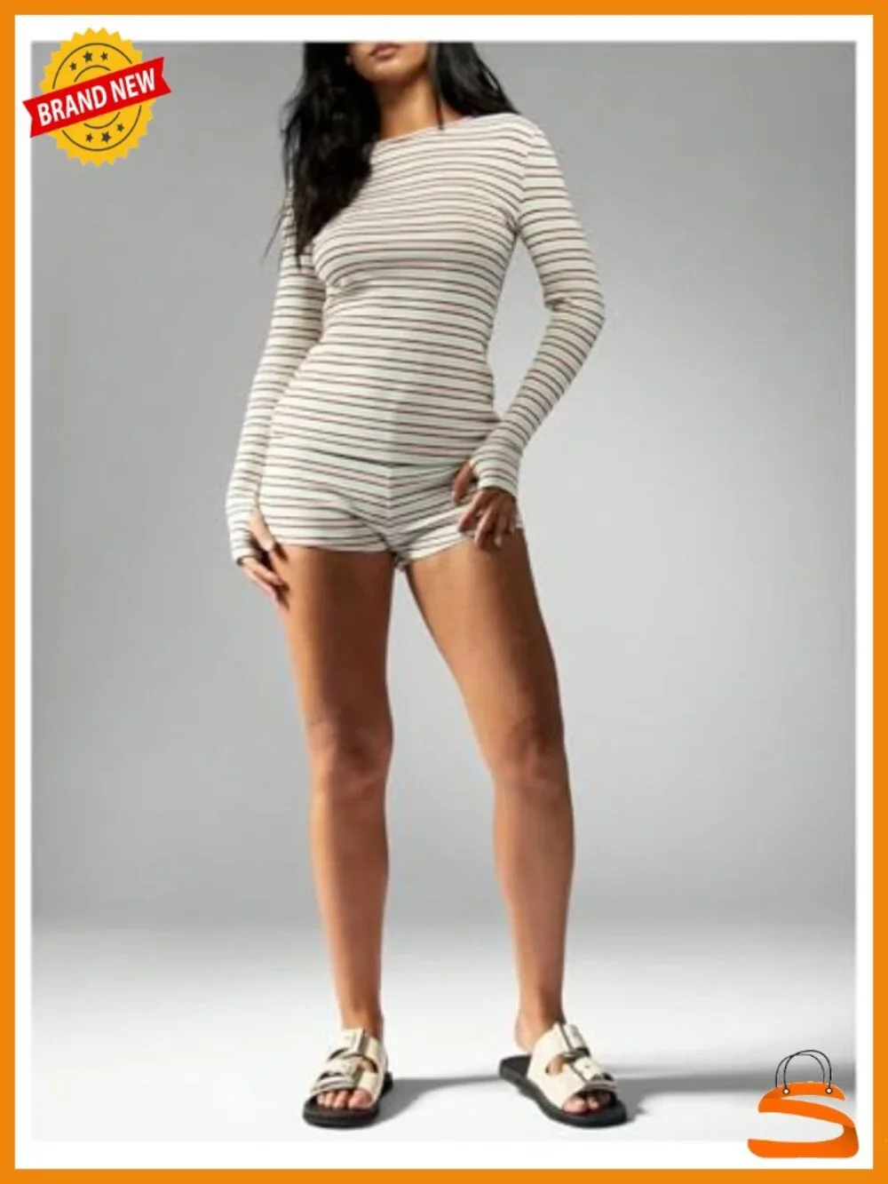 Striped Lounge Set 2 Piece Matching Athletic Set Long Sleeve Top with Shorts